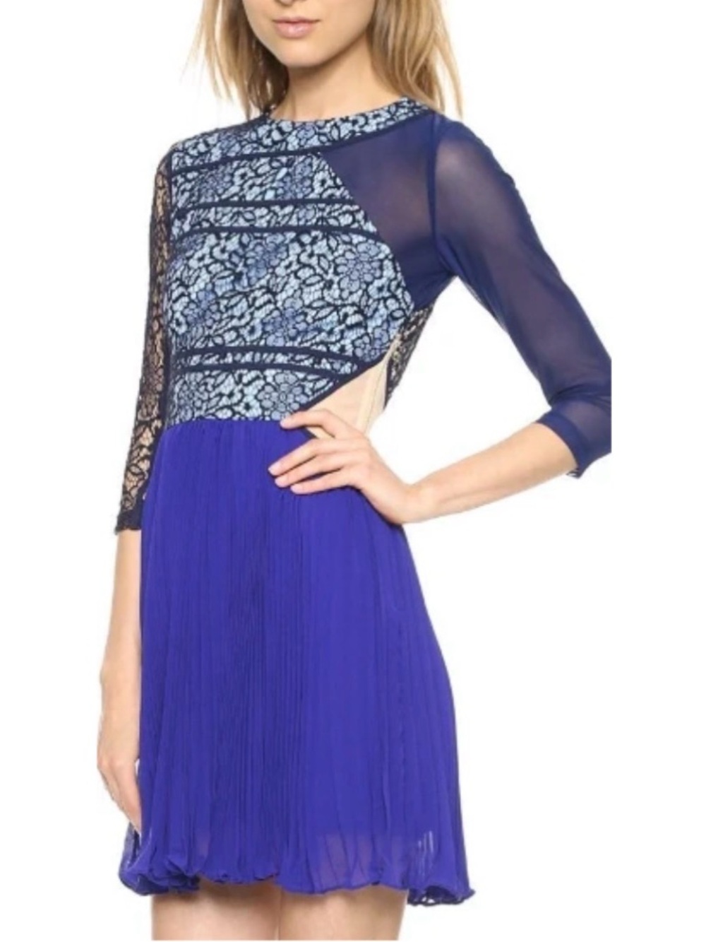 Three Floor silk Pleated Lace-Accent Mini Dress in cornflower Blue